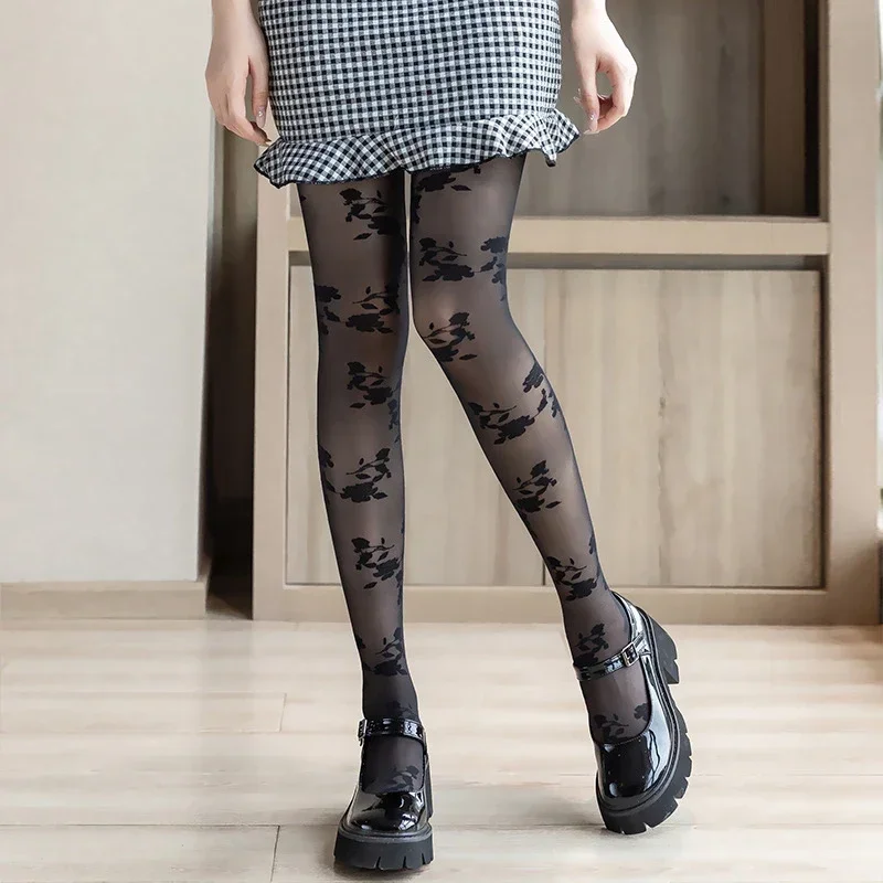 Sexy Summer Women Tights Lace Rose Flower Tattoo Women Pantyhose Female Ice Silk Stockings Black Tattoo Tights Women Stockings