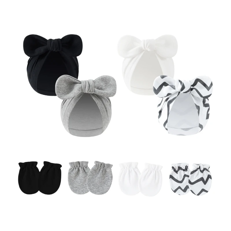 

M76C 4 Set Cotton Infant Bowknot Hat with Matching Mittens Anti Scratch Gloves Design for 0-6 Month Baby Shower Gift
