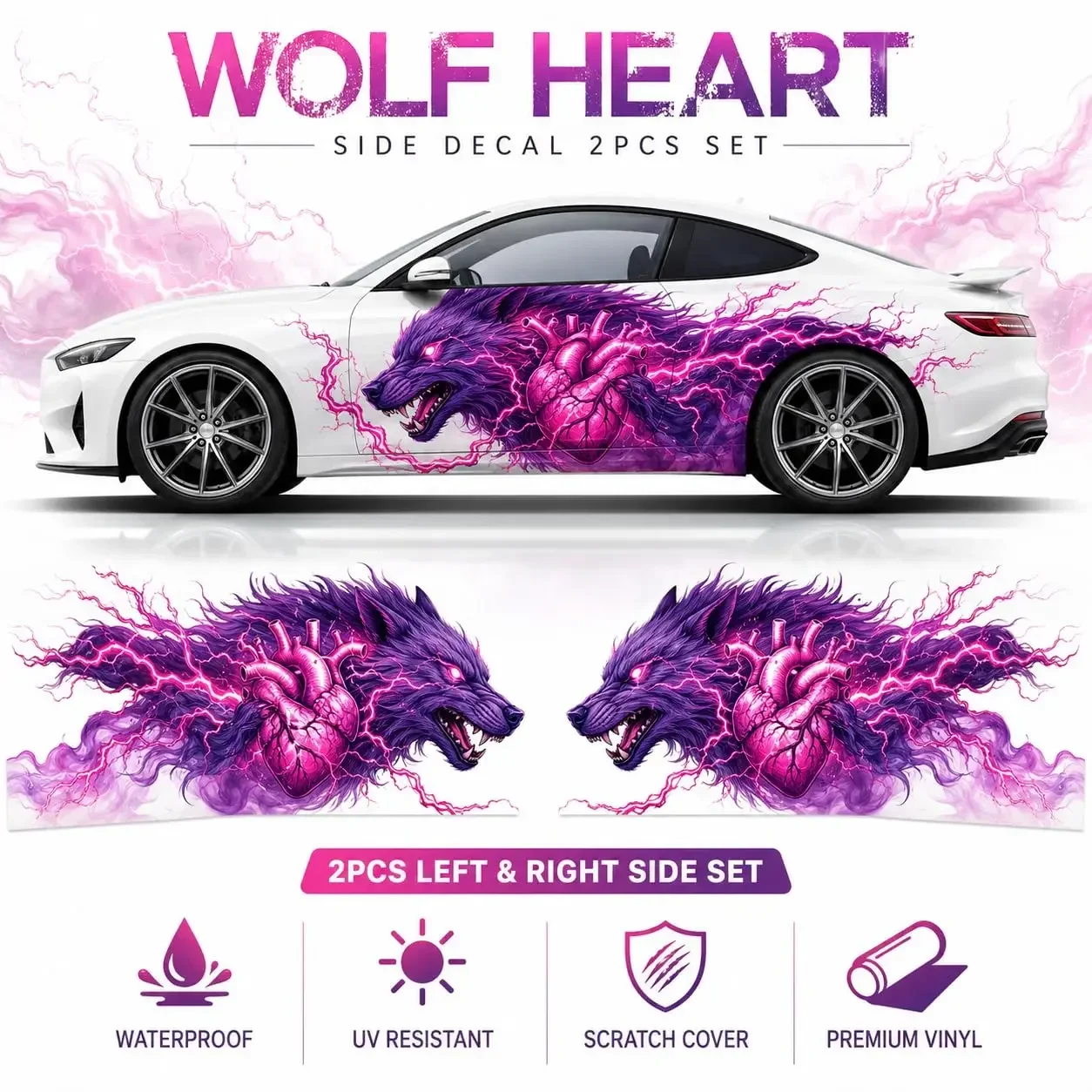 Wolf Heart Car Side Decal Sticker, 2-Piece Left & Right Set