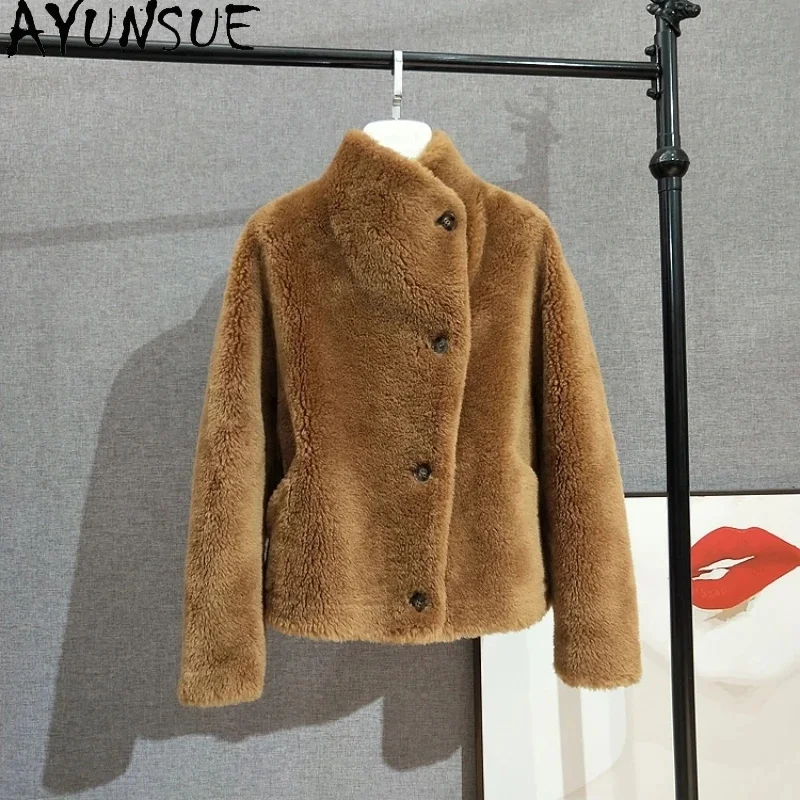 AYUNSUE-casaco curto de pele real para mulheres, jaquetas femininas, parka de gola alta, estilo quente, outono, inverno, 100%, 2024