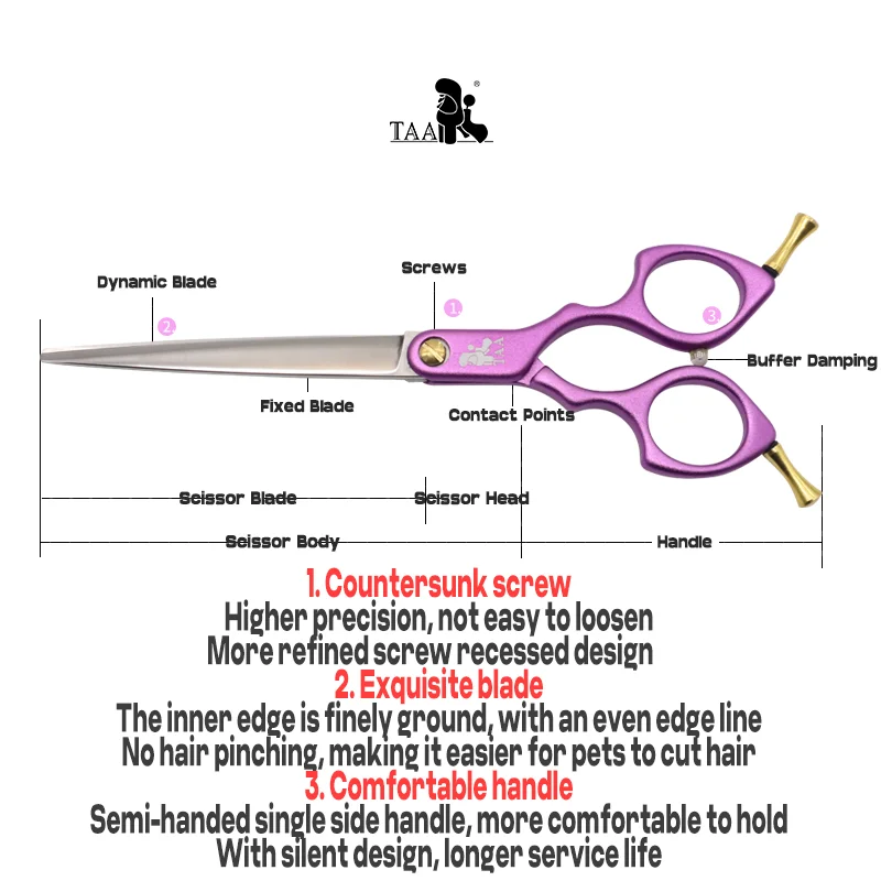 TAA Dog Scissors Grooming Straight Scissors for Dog Handmade Profession Pet Shear 7 Inch Ultra-Light Colorful Pet Scissors F-700