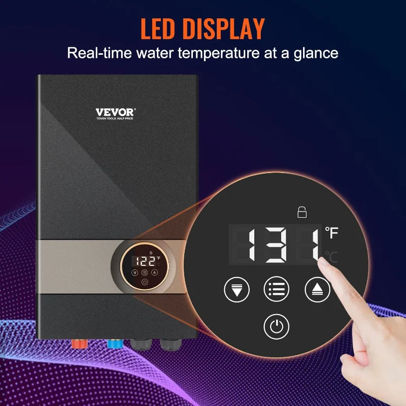 سخان مياه كهربائي بدون خزان من VEVOR، سخان مياه ساخن فوري بقدرة 18 كيلو وات، عرض درجة حرارة رقمي وسهل التركيب و24 ساعة