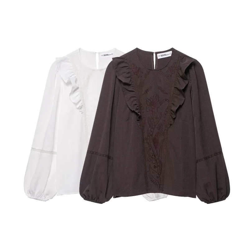 

ZEMOREXMZ Elegant Blouse Top Fashion Flower Embroidery Blouses For Woman Ruffles Long Sleeve Women's Blouse New Solid Shirts