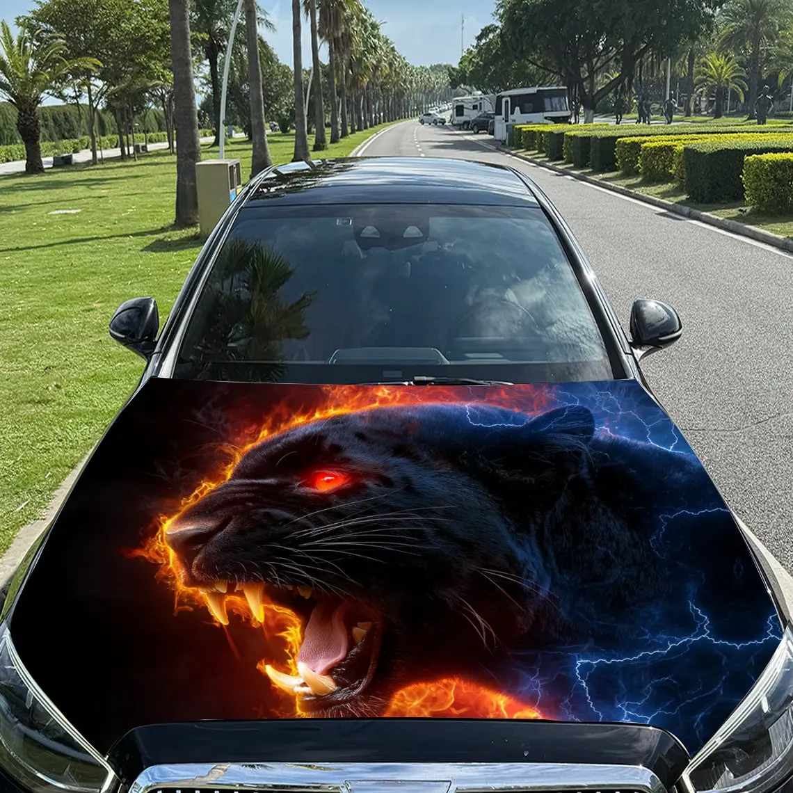 

Flames and Lightning Panther Car Hood Decal Car Vinyl Wrap, PVC Material Waterproof Car Hood Sticker, Self-Adhesive Scratch-Res