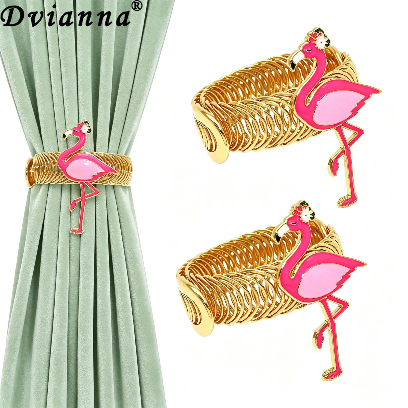 2Pcs Flamingo Curtain Tiebacks Gold Metal Wire Curtain Holdbacks Tropical Coastal Home Window Decor