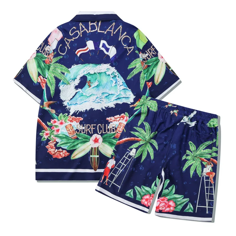 Digital print fashion beach casual shirt European coast vintage loose short-sleeved shirt suit for men