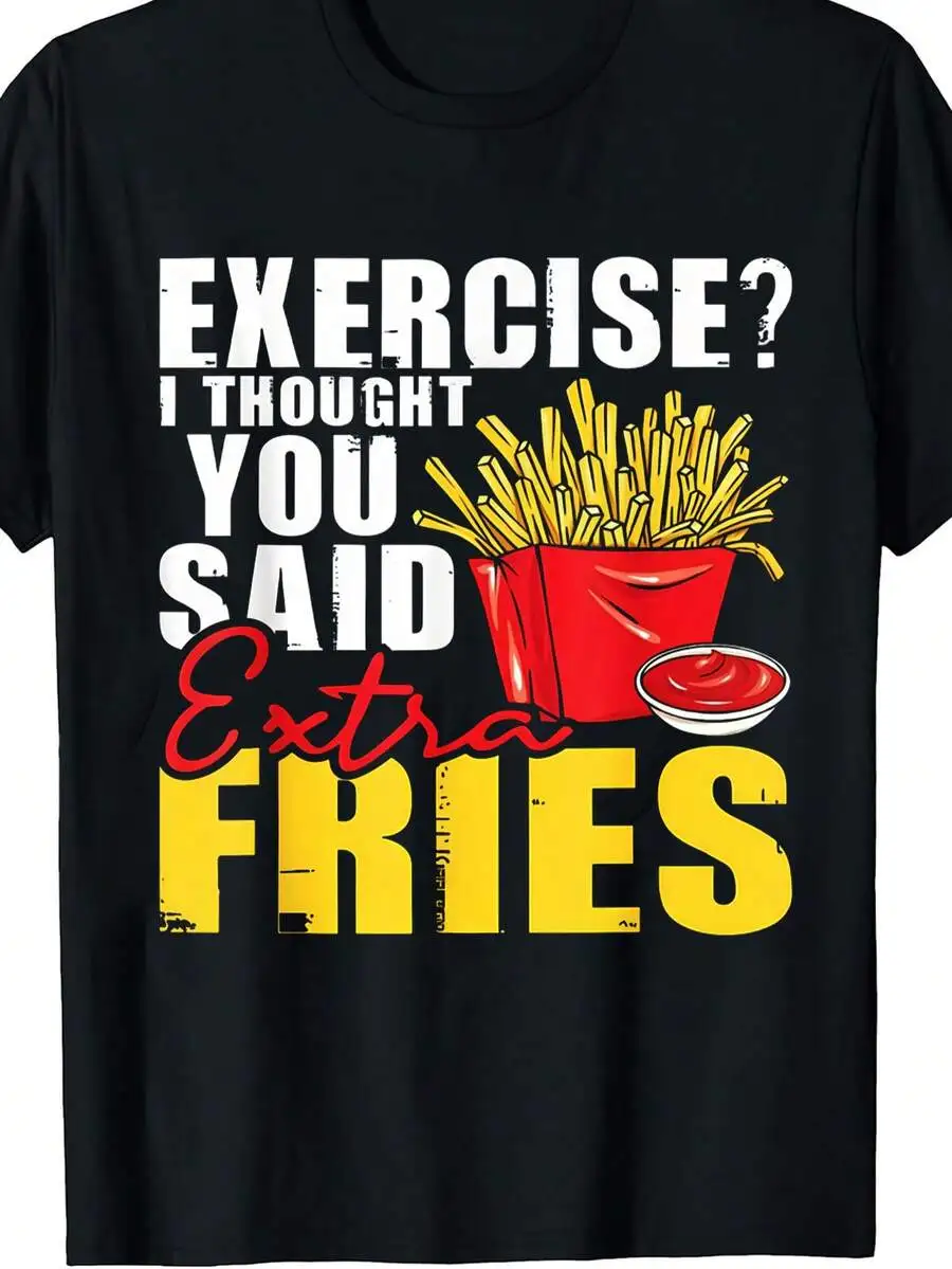 Men's French Fries Print Black TShirt, Crew Neck, Casual Cotton Tee Medium Stretch Knit Fabric, Regular Fit For Female Ladies Fo