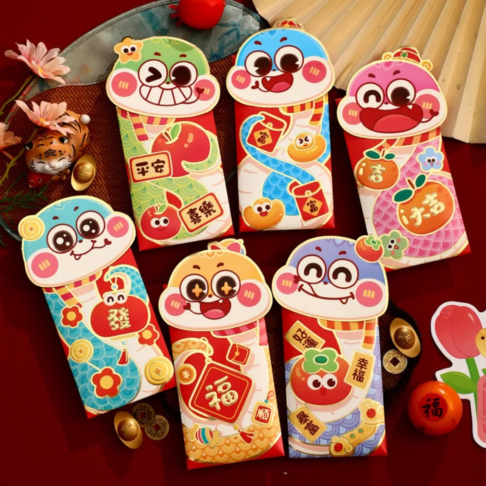 6pcs Personalized Gilded Cartoon Snake Red Envelope 3D Solid Red Packet Paper Mixed Pattern HongBao 2025 Year
