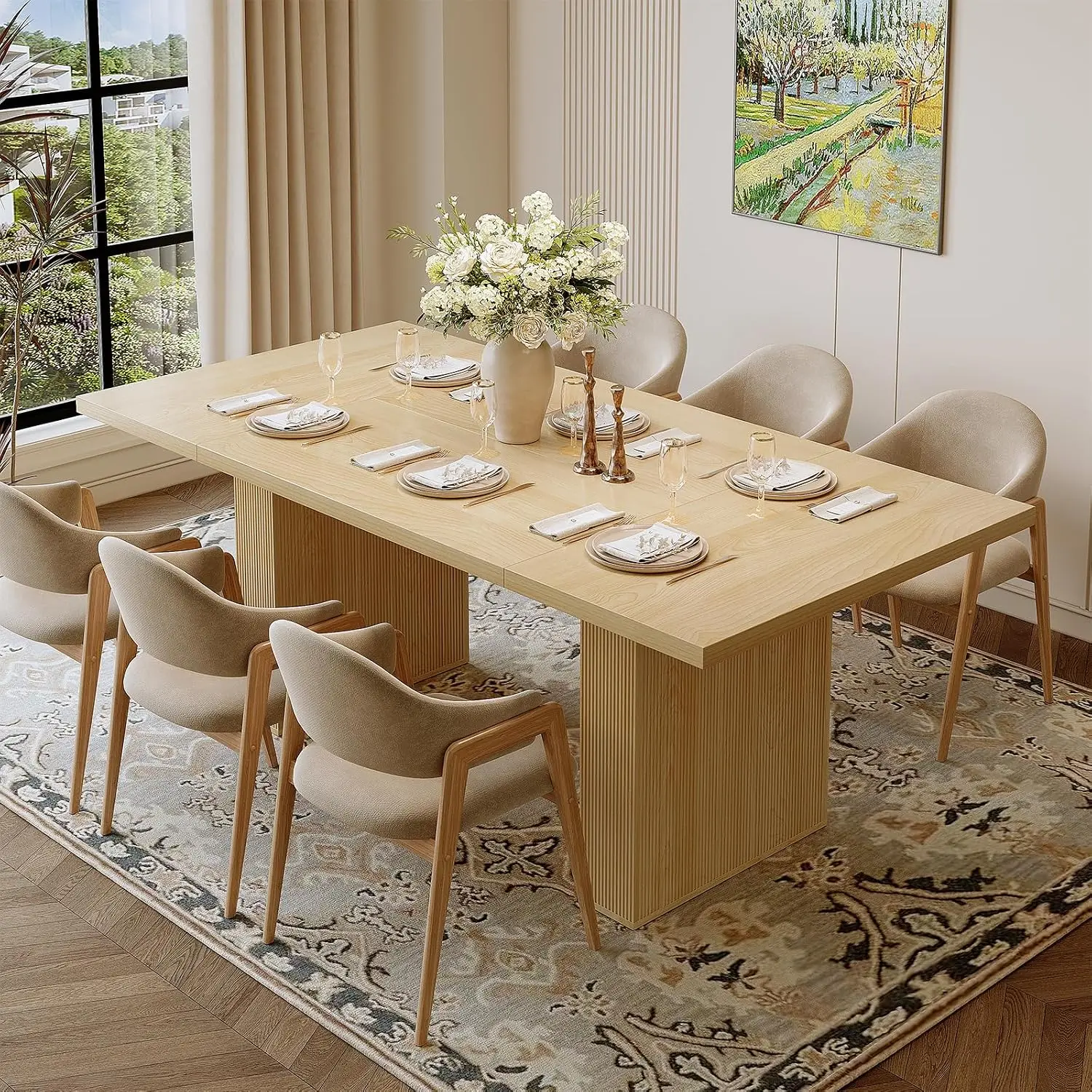 78 Inch Rectangular Wood Dining Table for 6-8 People, Grooved Base, Waterproof & Scratch Resistant, Dining Room, Customized