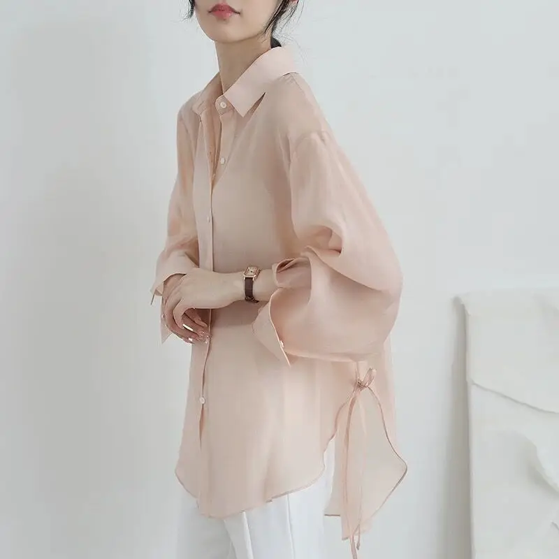 2024 New Summer Women Rayon Side Slit Lace Up Shirts Casual Thin Breathable Sunscreen Shirt Loose Street Overshirt Plus Size