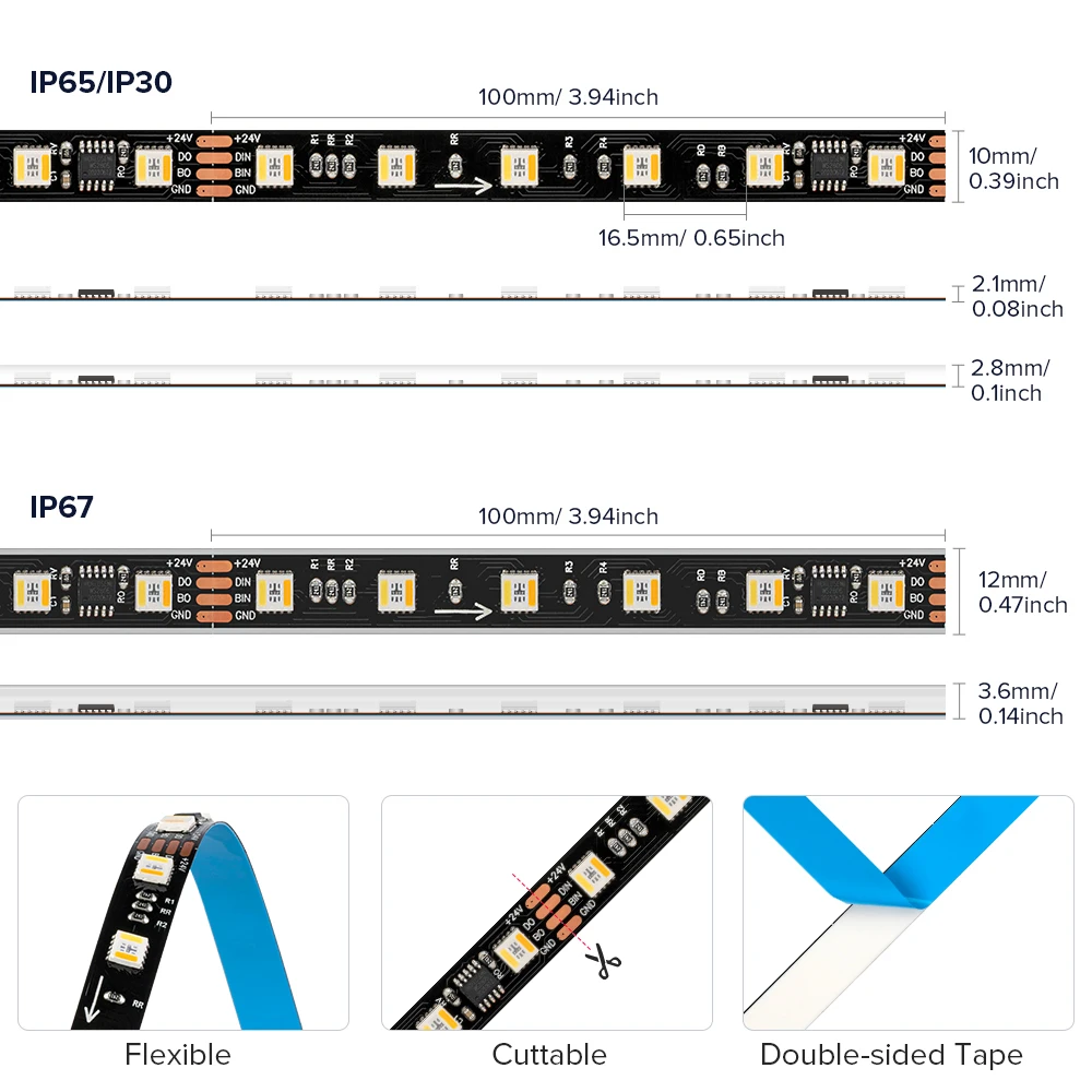 WS2805 SPI RGBCCT Pixel Led Strip 4Pin 60Leds/m IP30 IP65 IP67 Wodoodporna adresowalna inteligentna dioda LED Strip Black White PCB 24V