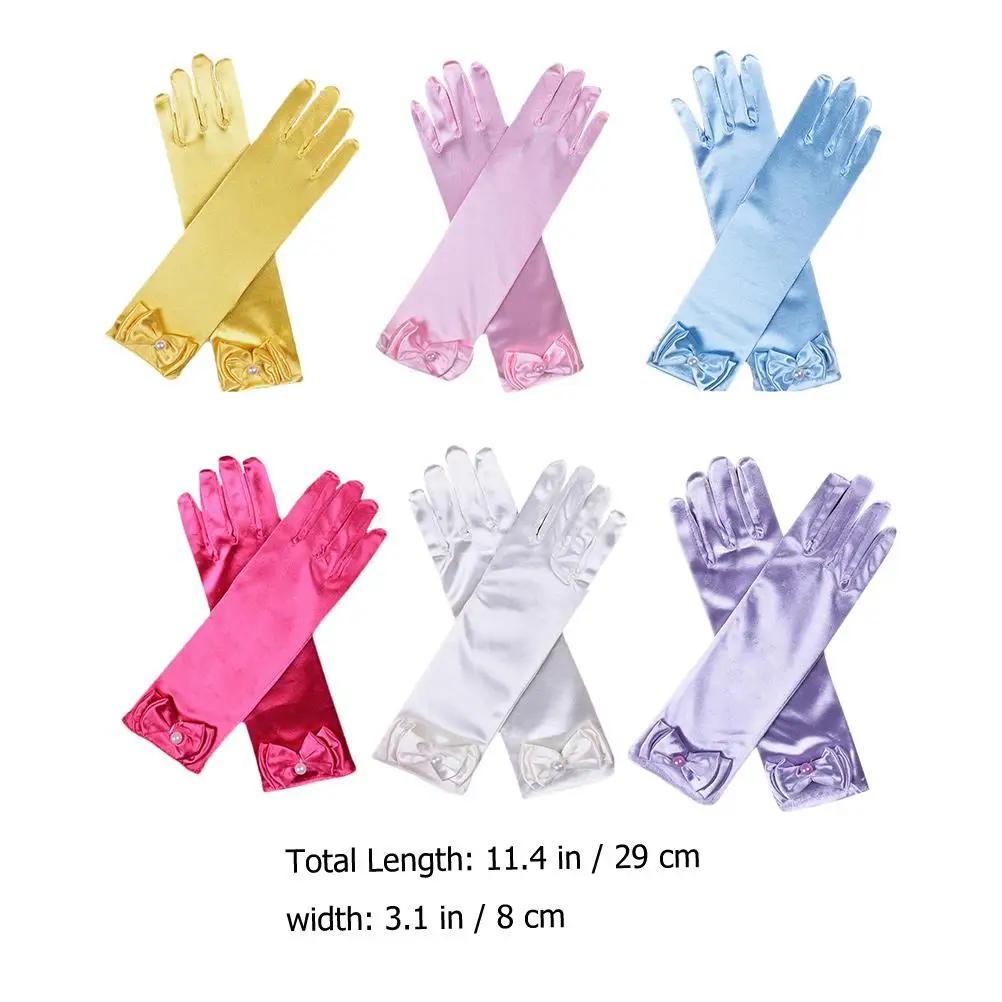 6 أزواج من قفازات الساتان الطويلة للأطفال على شكل فيونكة زهرة فتاة إكسسوارات الزفاف تصميم أصابع أنيق قفازات ناعمة متينة للأطفال