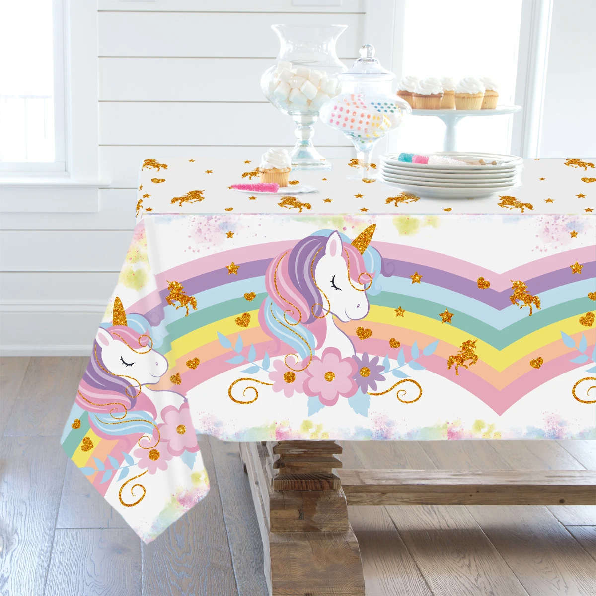 Mantel de PE de unicornio arcoíris, decoraciones de fiesta de cumpleaños con tema de feliz unicornio, cubierta de mesa para niñas, suministros para Baby Shower