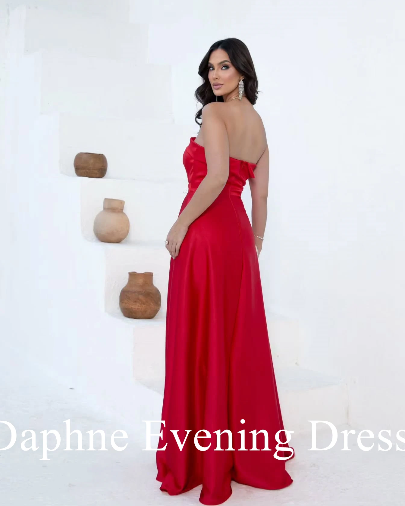 Customized Delicate Strapless Satin Front Slit Evening Dresses Graceful Pleats Zipper Back Red Vestido De Festa Vestido De Noche