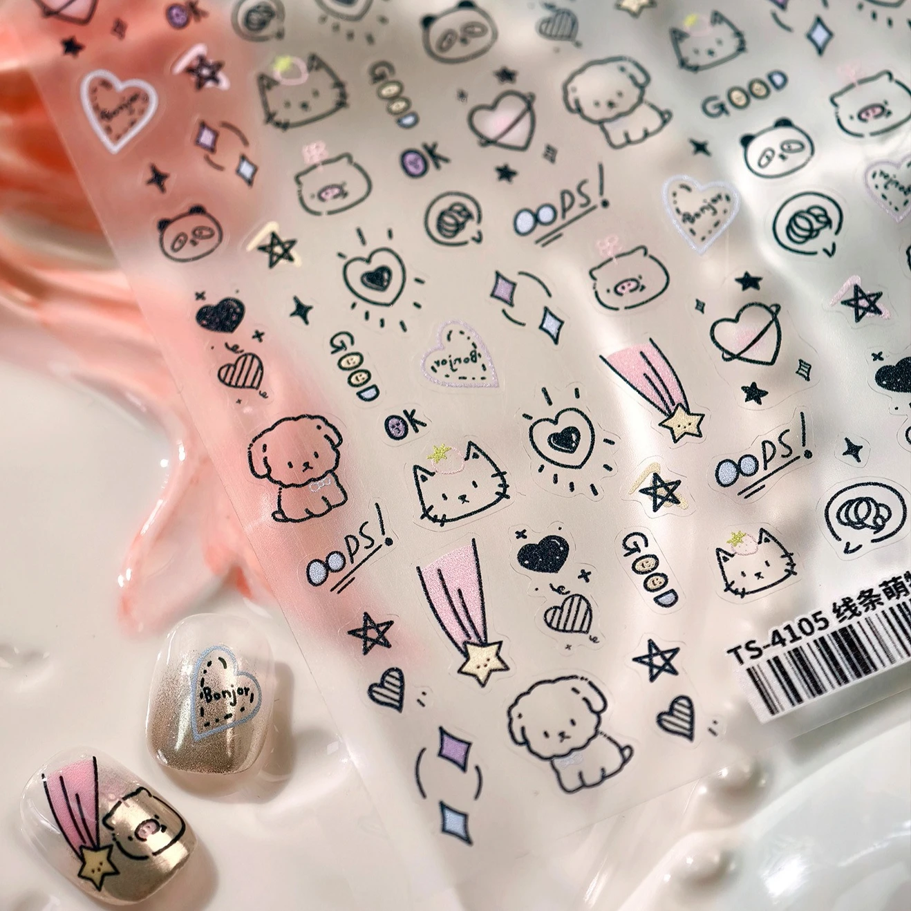 Собака Кошка Верса Свинья Линия Звезда Любовь Сердце Метеор Панда Милый Бонжор с бантом Забавная планета Клейкие наклейки для дизайна ногтей Маникюрные наклейки