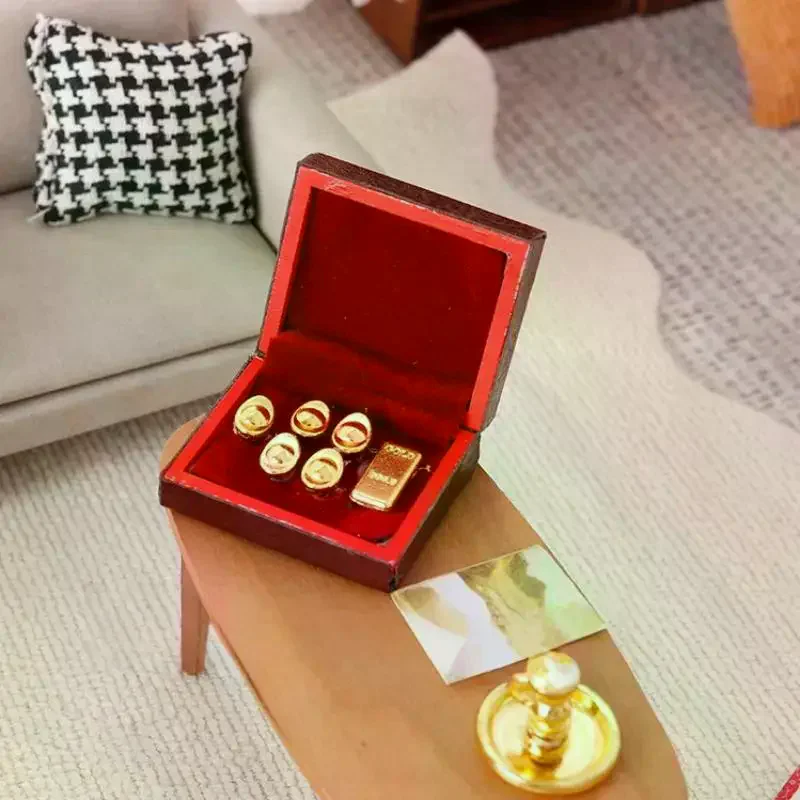 1 세트 빈티지 보석 케이스 1:12 인형 집 미니어처 액세서리 미니 나무 보석 상자 모델 장난감 인형 집 장식용