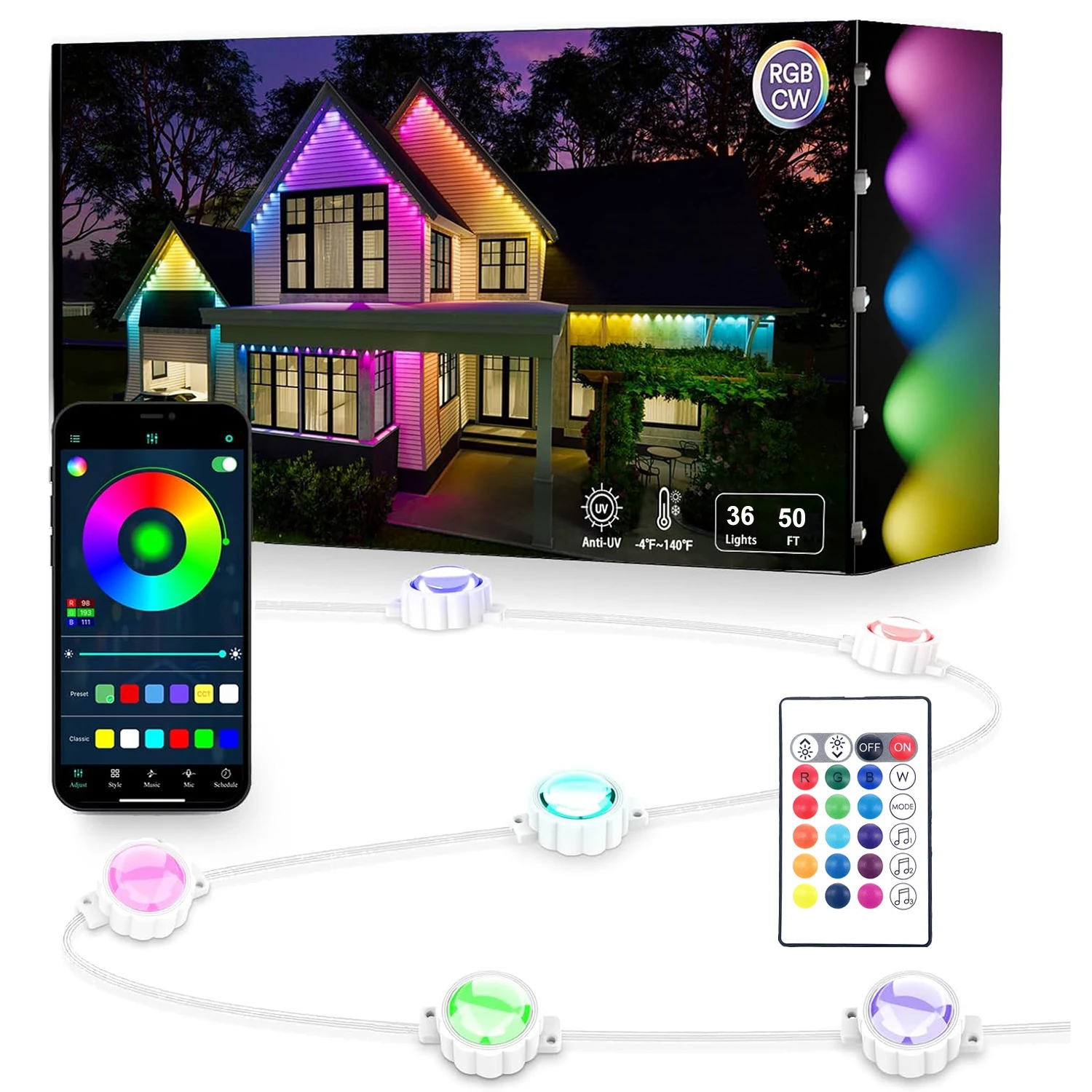 

16 м/50 футов умные уличные RGB фонари Eave/trawn с приложением и дистанционным управлением, гирлянды для синхронизации музыки для дома, патио, заднего двора