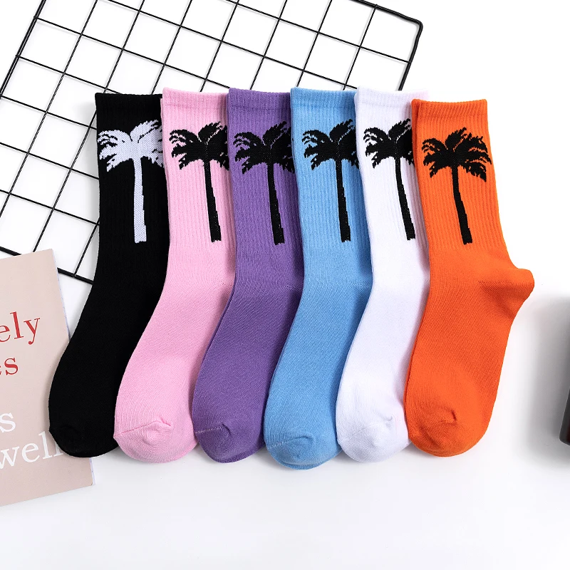 Street Fashion Happy Funny Coconut Palm Tree Cotton Rich Socks Cotton Adult Middle Calf Crew Socks Sandy Beach Colorful Leaf Men