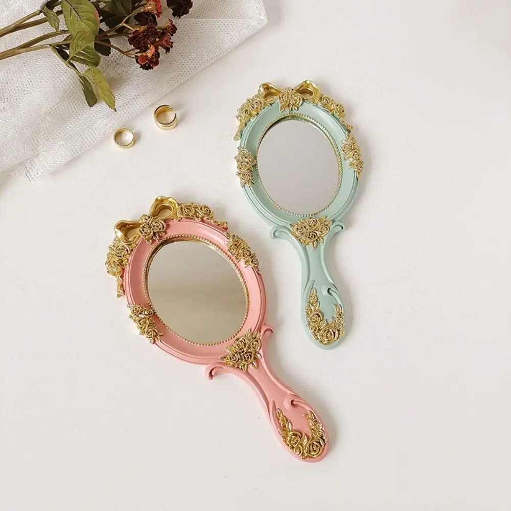 Creative European Style Handheld Mirrors Embossed Rose Single-Sided Cosmetic Mirror Retro Oval Vintage Mirror Women Girls