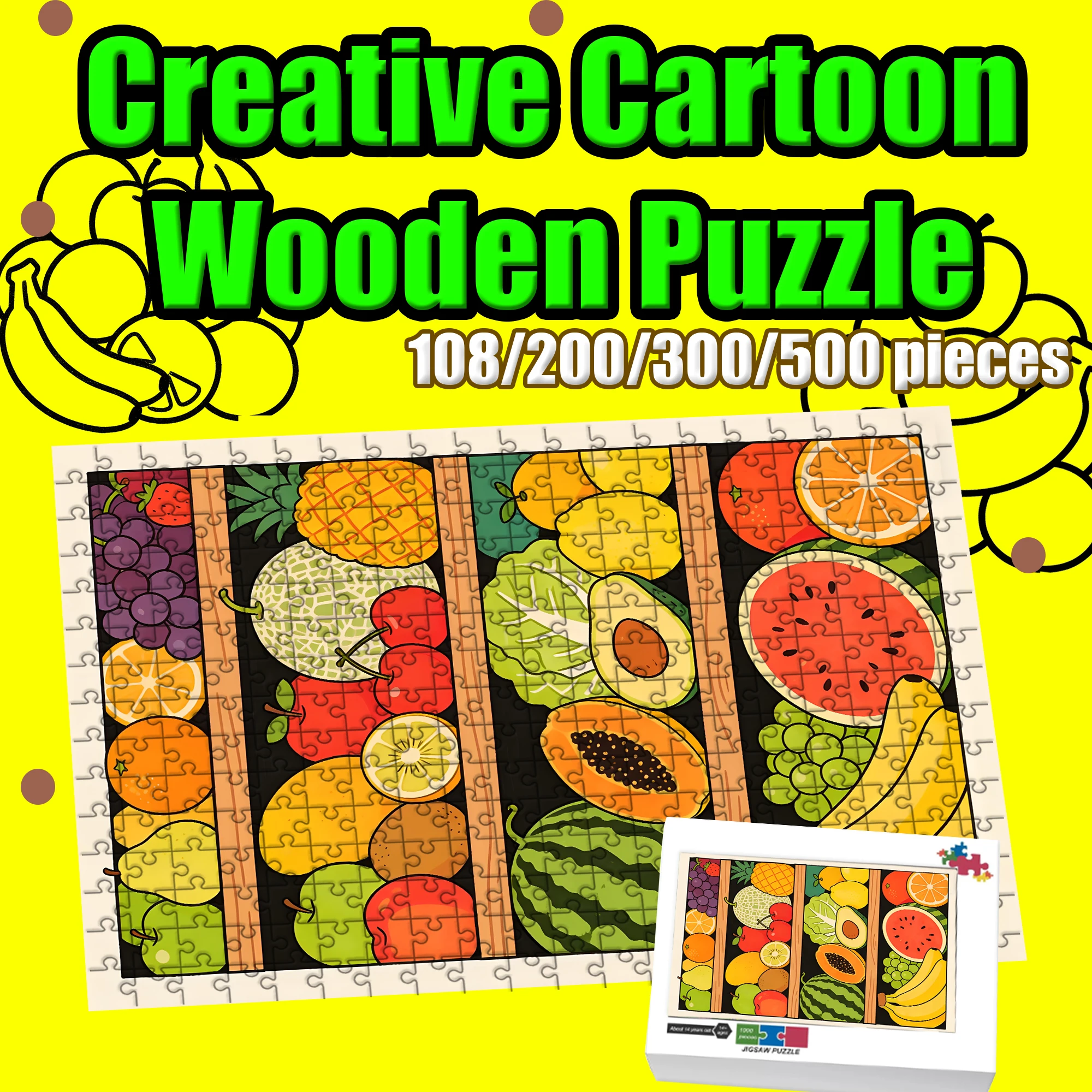

Креативный мультяшный пазл с фруктами, 108/200/300/500 деталей, деревянный пазл, высокое качество, подарок, веселая игра для вечеринок