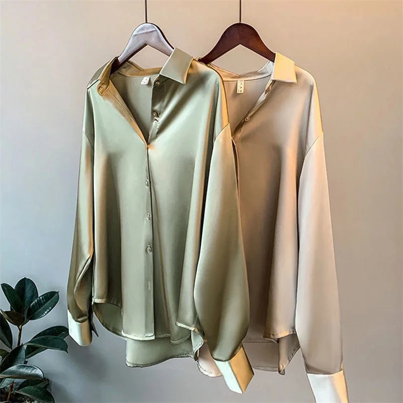

Women Blouses Satin Solid Simple Basic Shirts Office Ladies Loose Tops High Street Stylish Long Sleeve Single-Breasted Blusa