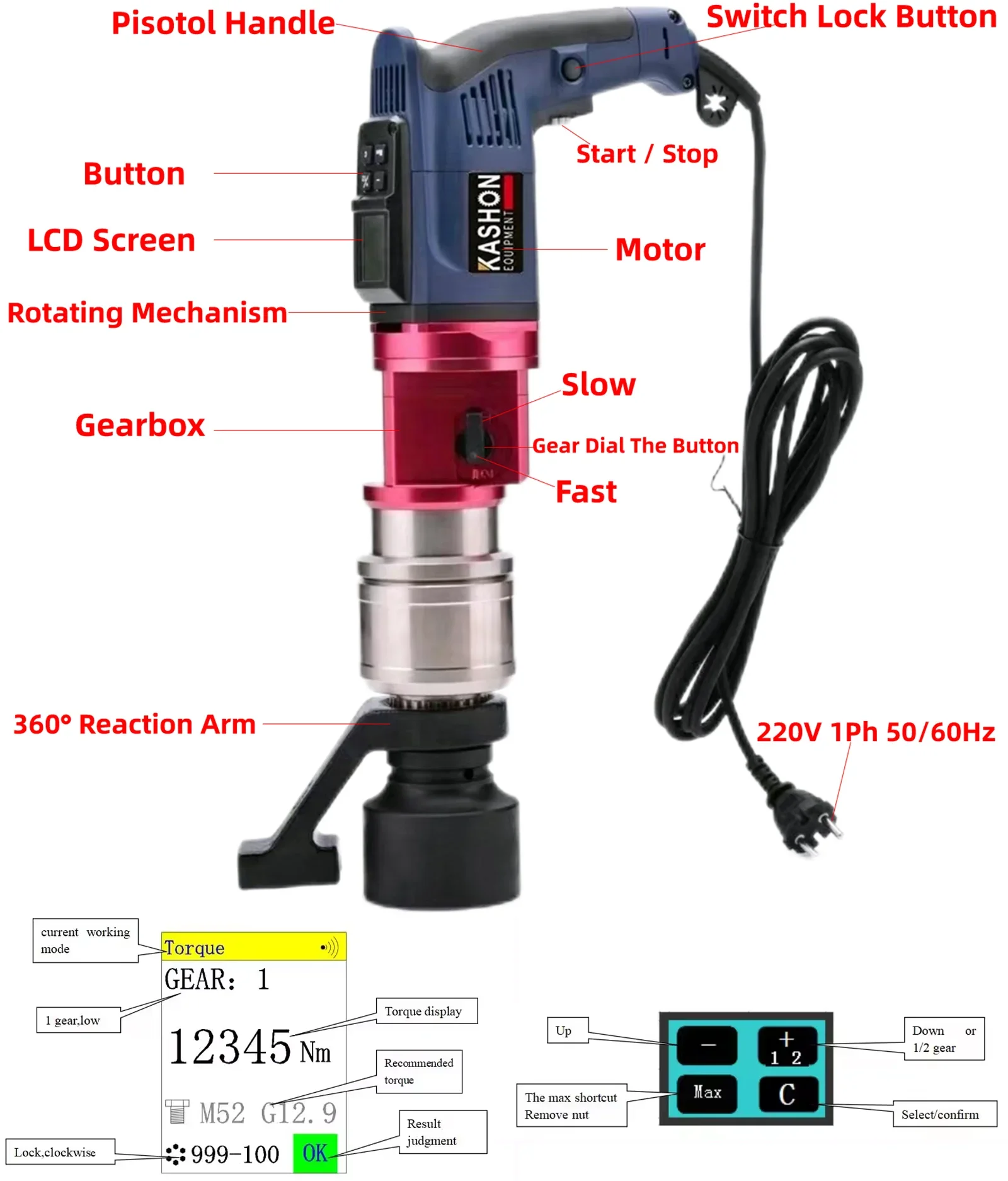 Llave dinamométrica eléctrica con pistola dinamométrica electrónica de 1200-8000N.m con pantalla digital para un ajuste de tuercas de alta resistencia