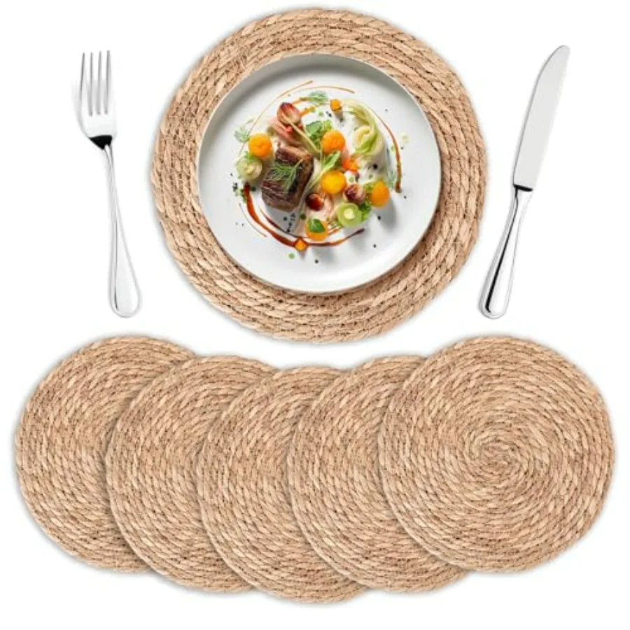 

Round Woven Placemats Set of 6 Handmade Natural Wicker Placemats for Holiday Wedding Home - Slip Heat Resistant Rattan Chargers