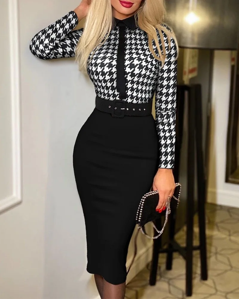 Elegant Polka Dot Print Bodycon Dresses for Women V-Cut Long Sleeve High Waist Belt Office Bodycon Dress Fashion Party Vestidos