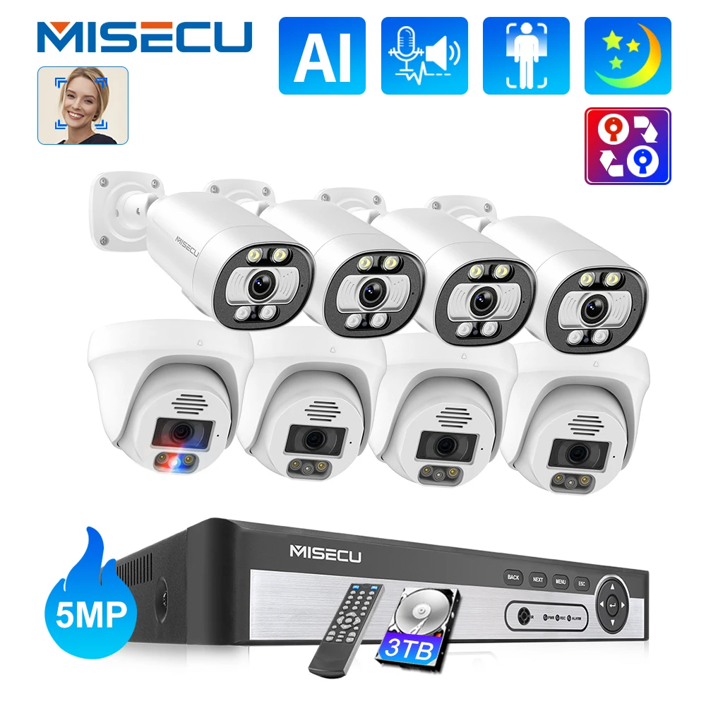 MISECU HD 5MP POE CCTV NVR Camera System 8CH Audio Recorder Face Detection Outdoor Indoor Security Surveillance Kit CCTV Video