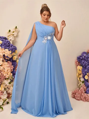 Plus Size One Shoulder Water Blue Chiffon Applique Banquet Evening Dress Luxury Wedding Banquet Floor-Length Evening Dress