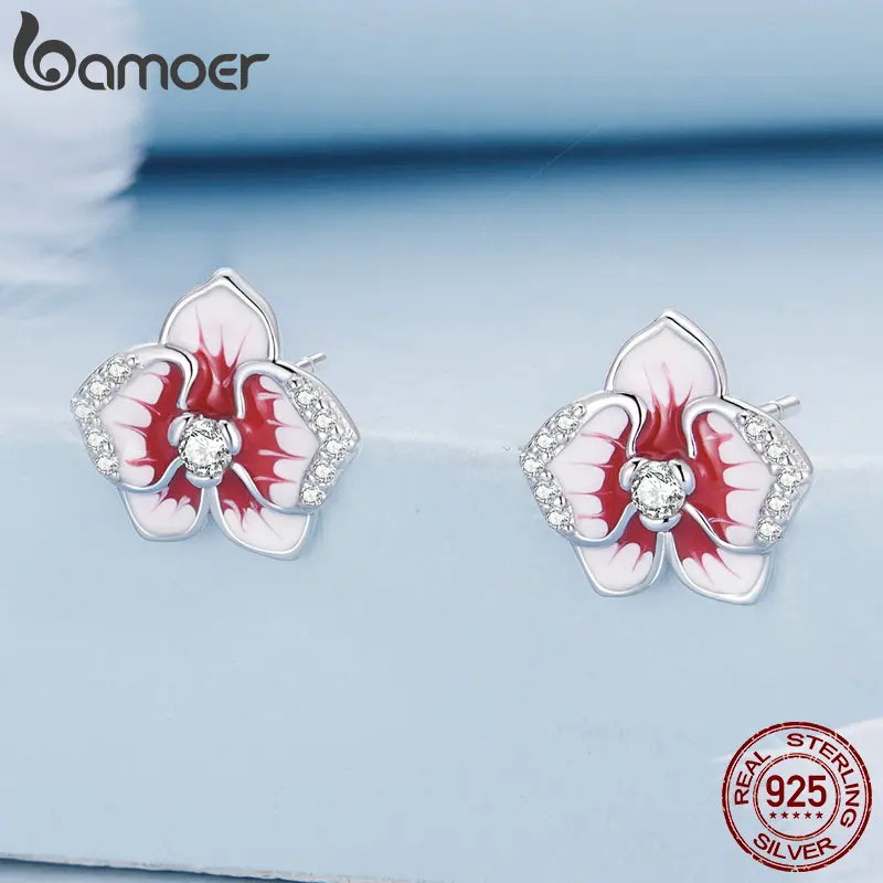 Bamoer 925 Sterling Silver Pink Butterfly Orchid Stud Earrings Enamel Phalaenopsis Flower Earrings for Women Fine Jewelry