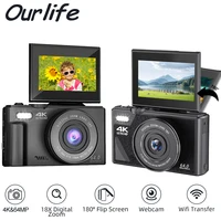 Ourlife AC600 Cámara digital 4K 64MP Cámaras UHD 18X Zoom digital 180 ° Cámara Vlogging Vintage con pantalla abatible para enfoque automático de YouTube
