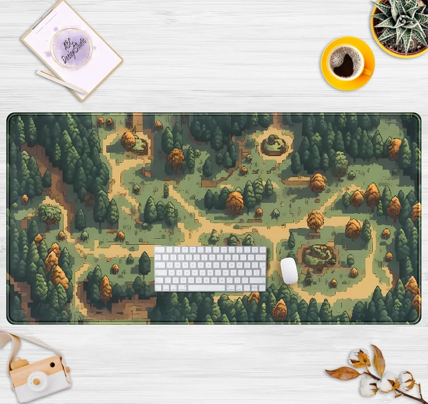 Cute Forest Pixel Desk Mat – Brown & Green XXL Gaming Mouse Pad for Women, Extended Keyboard Mat for Office Decor