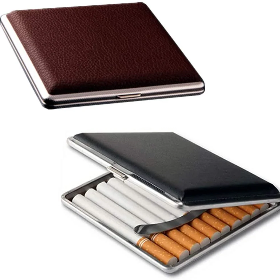 Gift for Men\'s Leather Cigarette Box 20 Sticks cigar Case Metal Leather Smoking Accessories Cigarette lady Storage Cover hold