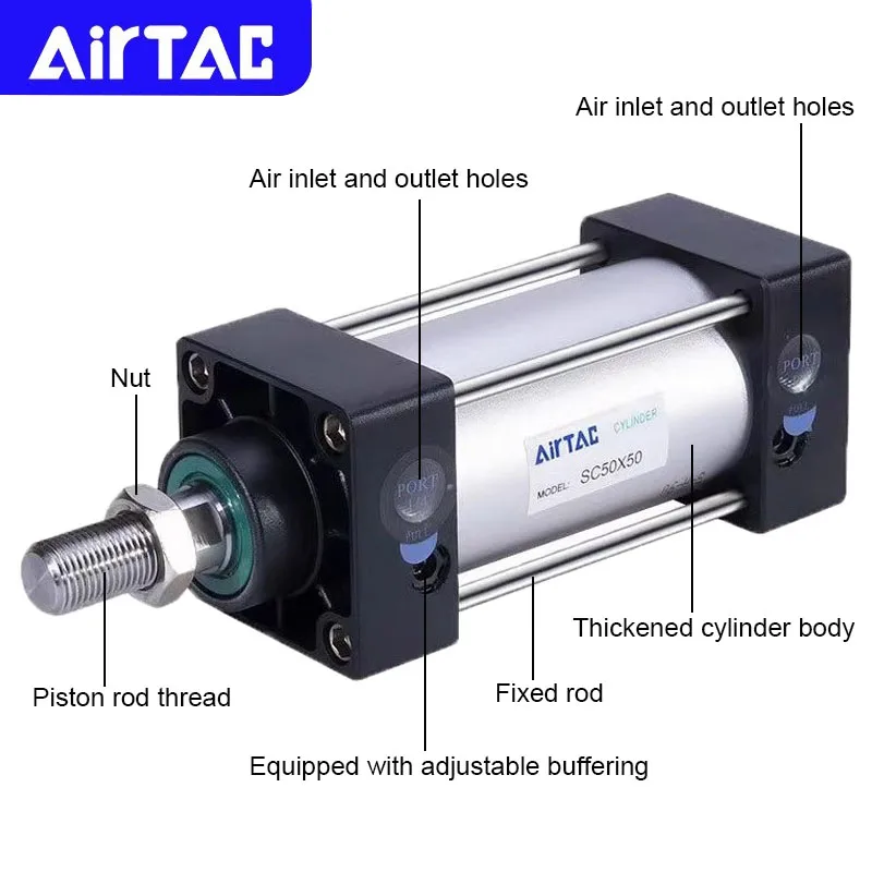AIRTAC SC اسطوانة الهواء الهوائية القياسية SC32/40/50/63/80/100/125/160 مللي متر 25/50/75/100/200/300/400/500 مللي متر السكتة الدماغية مزدوجة التمثيل