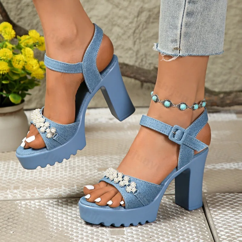 

High Heels for Women in Summer 2025 Waterproof Platform Thick Heel One Button Fashion Elegant Sandals Outdoor Beach Single Shoes