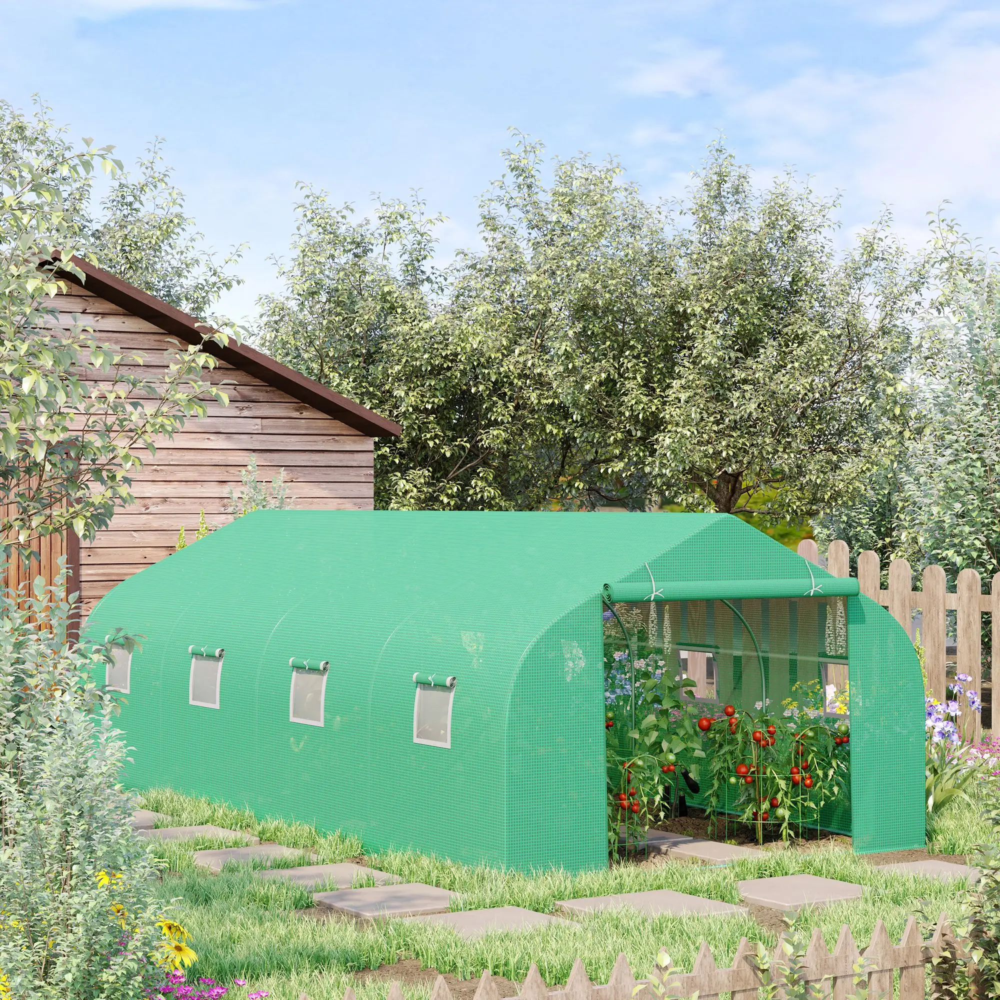 Serre à toit en pente Outsunny pour tomates 600x300x200 cm – Serre de culture verte pour jardin et soin des plantes