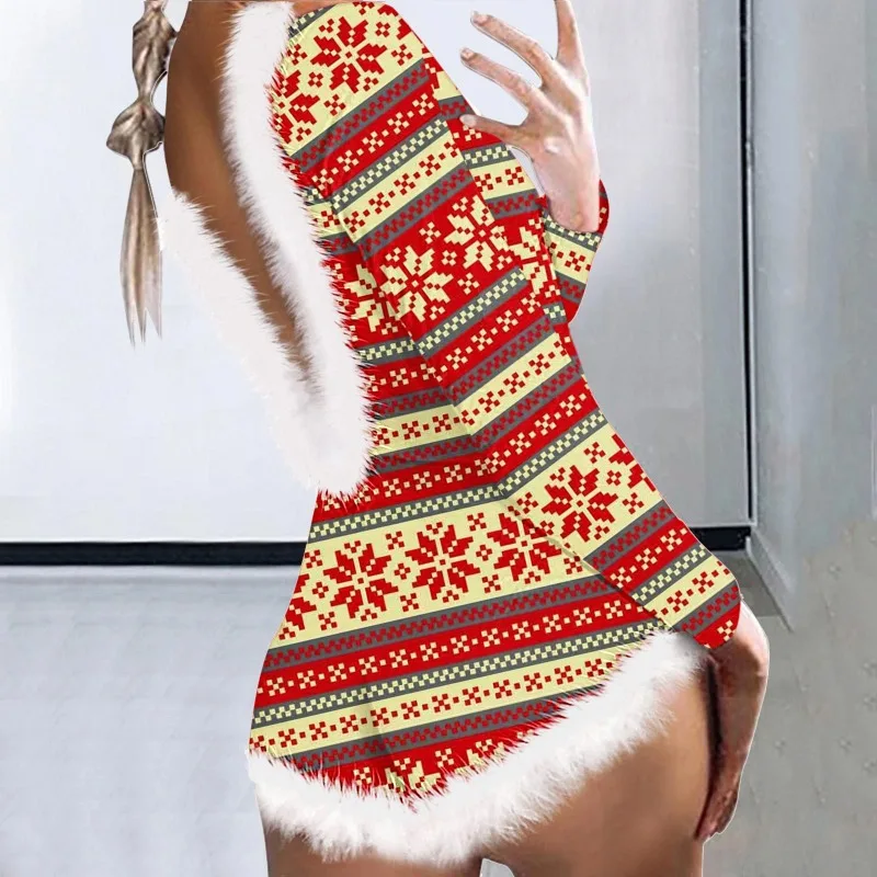 Christmas Print Fur One Piece Romper Women 2023 Winter Fashion Backless Long Sleeve V-neck Button Sleepwear Party Playsuit