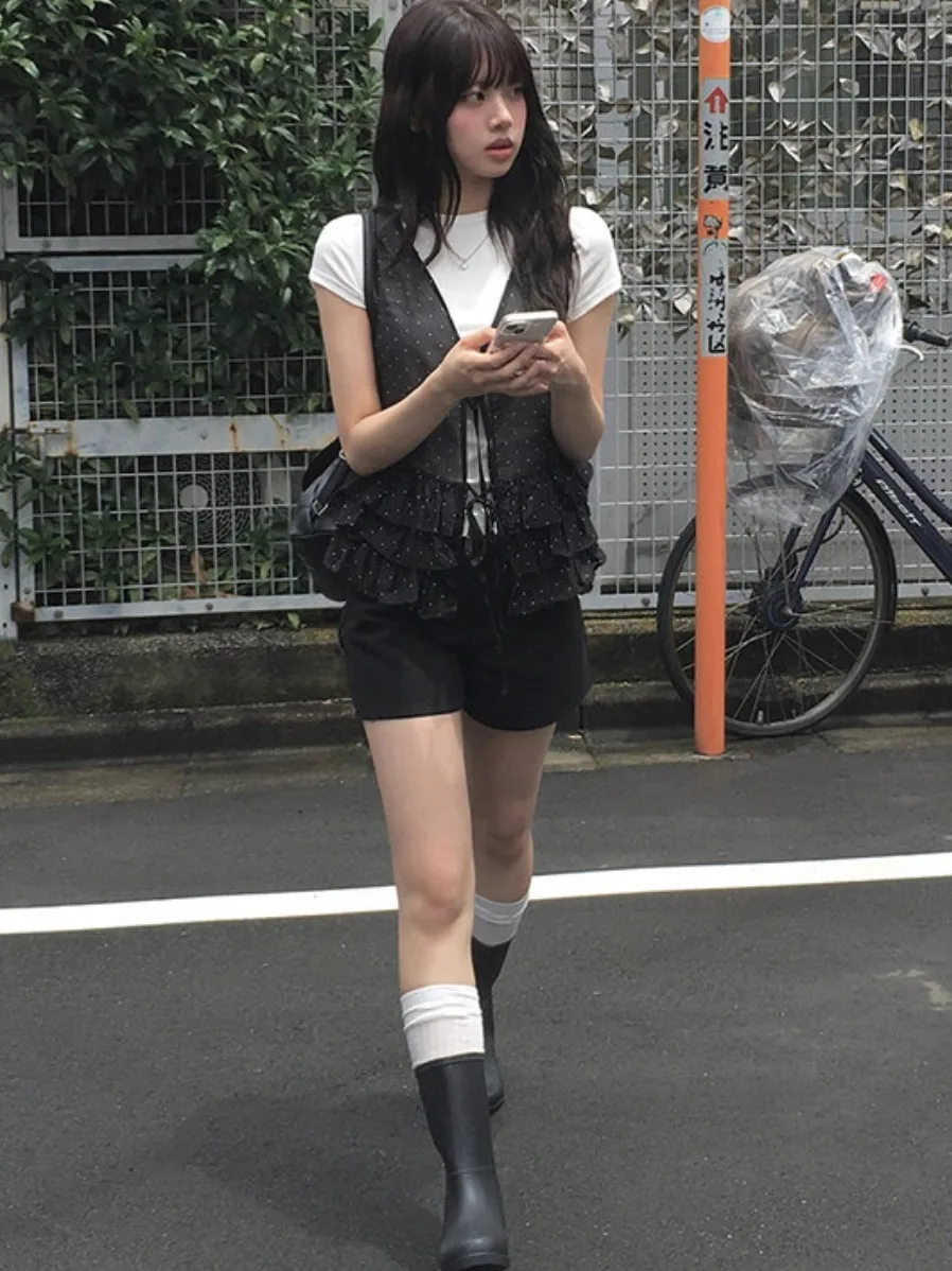 韓国風スイートポルカドット柄蝶ネクタイフリルスウェットTシャツ無地トップスデニムスカート付きレディースサマーウェア