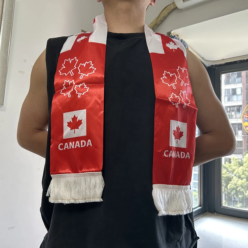（TIKI FLAG）Canada Scarf 14x135cm Double-sided Printed Canada Flag Satin Canadian Scarf Suitable for world cup Sports Events