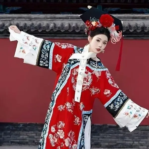  سلالة تشينغ هانفو للنساء - فستان أنيق مطرز بالزهور الإمبراطورية الأصلية، زي صيني تقليدي أصلي #3