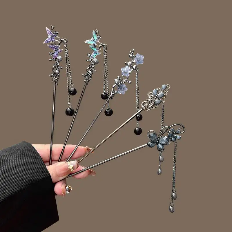 1Pc Bloem Haarspeld Neo-Chinese Stijl Haar Stokken Inkt Gekleurde Bloem Kwastje Haar Stok Voor Vrouwen Elegante Sieraden haar Accessoire