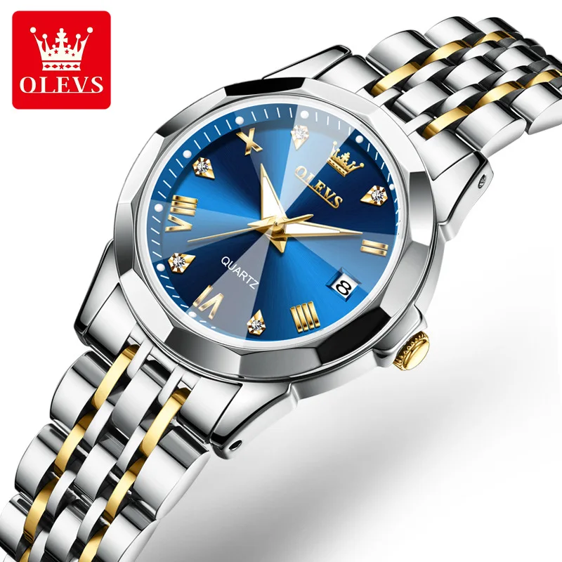 OLEVS Top Brand Women's Watches Elegant Blue Quartz Wristwatch Ladies Stainless Steel Waterproof Luminous Clock Rhombus Mirror