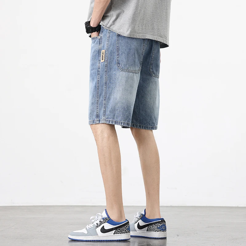 2024 Men Summer Korean Style Fashion Shorts Baggy Straight Denim Vintage Short Casual Loose Short Jeans Male Light Blue