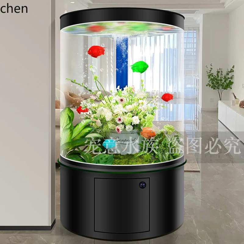 

HTT cylindrical living room fish tank full circle hot bending integrated molding large floor household ecological water-free