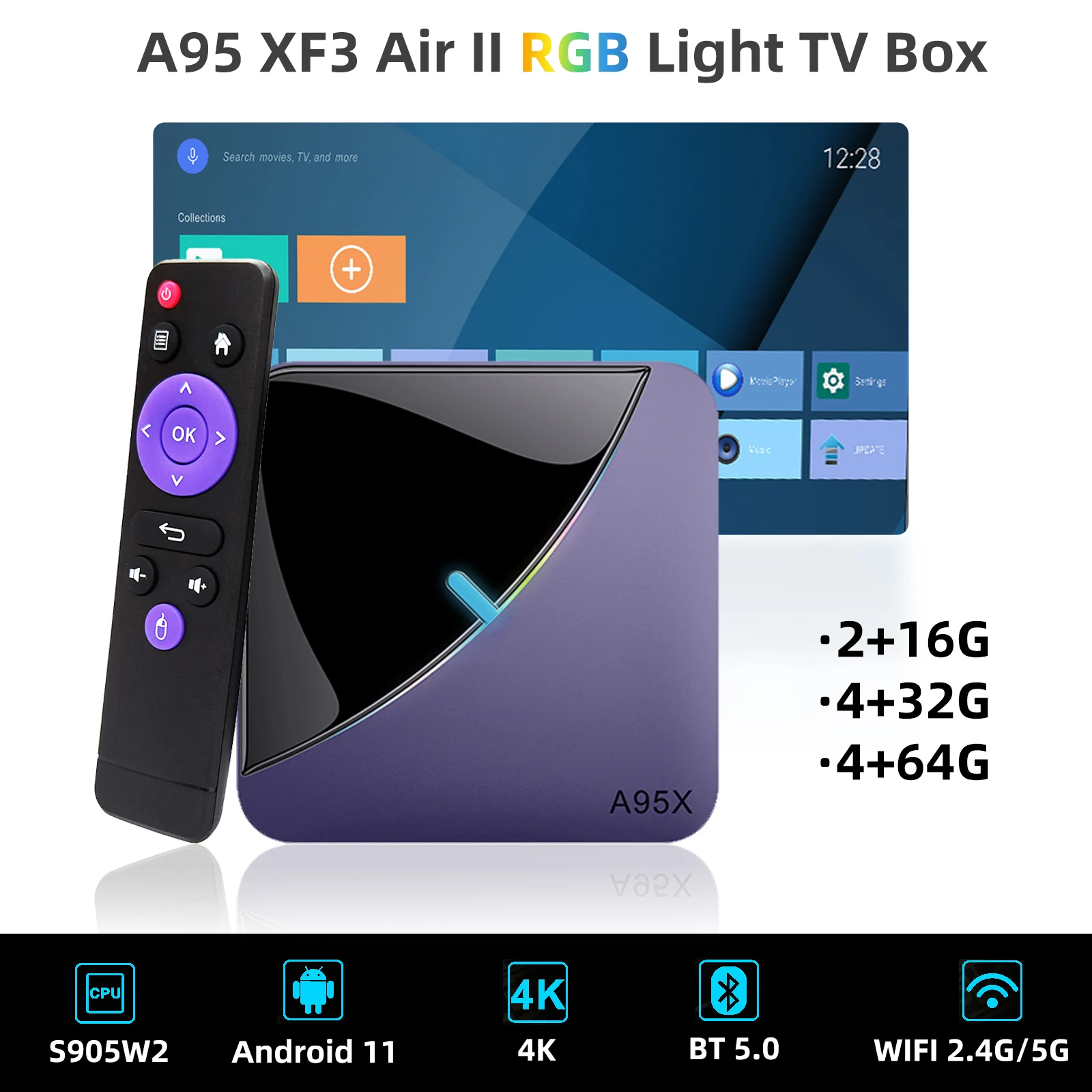 

Tv Box Android A95X F3 AIR II Android 11 S905W2 4K 2+16G 4+32G 4+64G WIFI 2.4G/5G BT 4.2 Home Online Media Steaming Player IP TV
