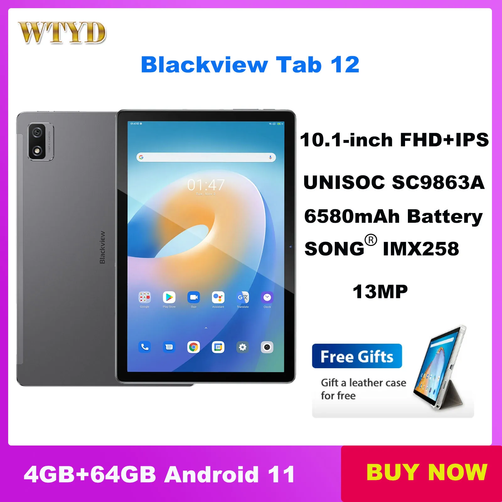 Blackview Tab 12 10.1 inch 4GB RAM 64GB ROM  Android 11 SC9863A Octa Core 4G Tablets PC 6580mAh Ultra Thin Portable