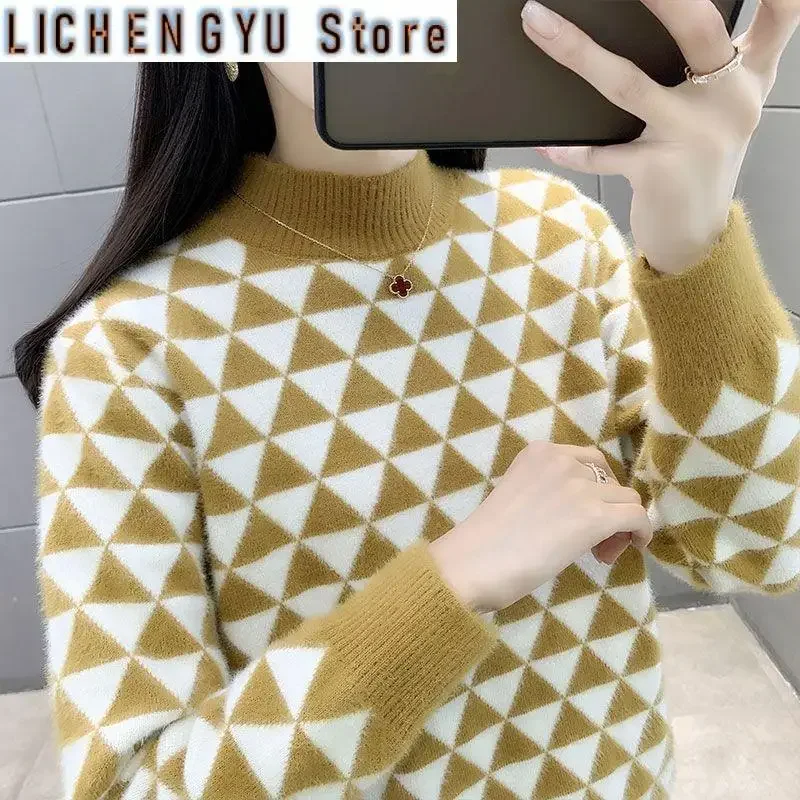الخريف والشتاء المرأة مفصلية Argyle نصف الياقة العالية كم طويل الصوف البلوزات لاعبا بلوزات الموضة غير رسمية
