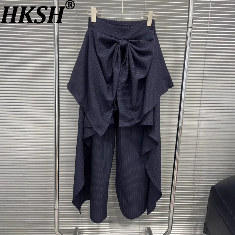 

HKSH 2026 Spring Autumn New Women Casual Wide Leg Pants Striped Bowknot Pleated Niche Design Elegant High Street Fashion HK18351