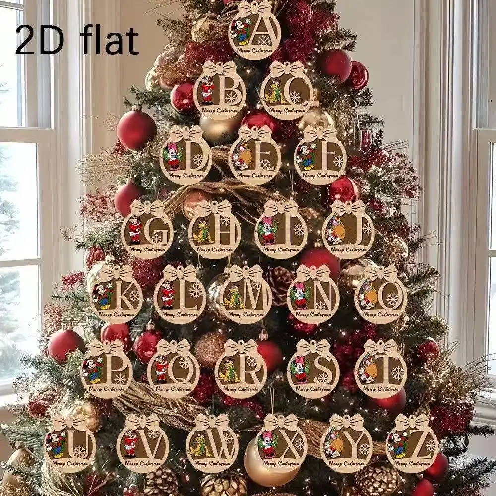 

26PCS Disney 2D flat [decorative pendant], 1 piece, including 26 letters and Mickey and Minnie wooden holiday decorations